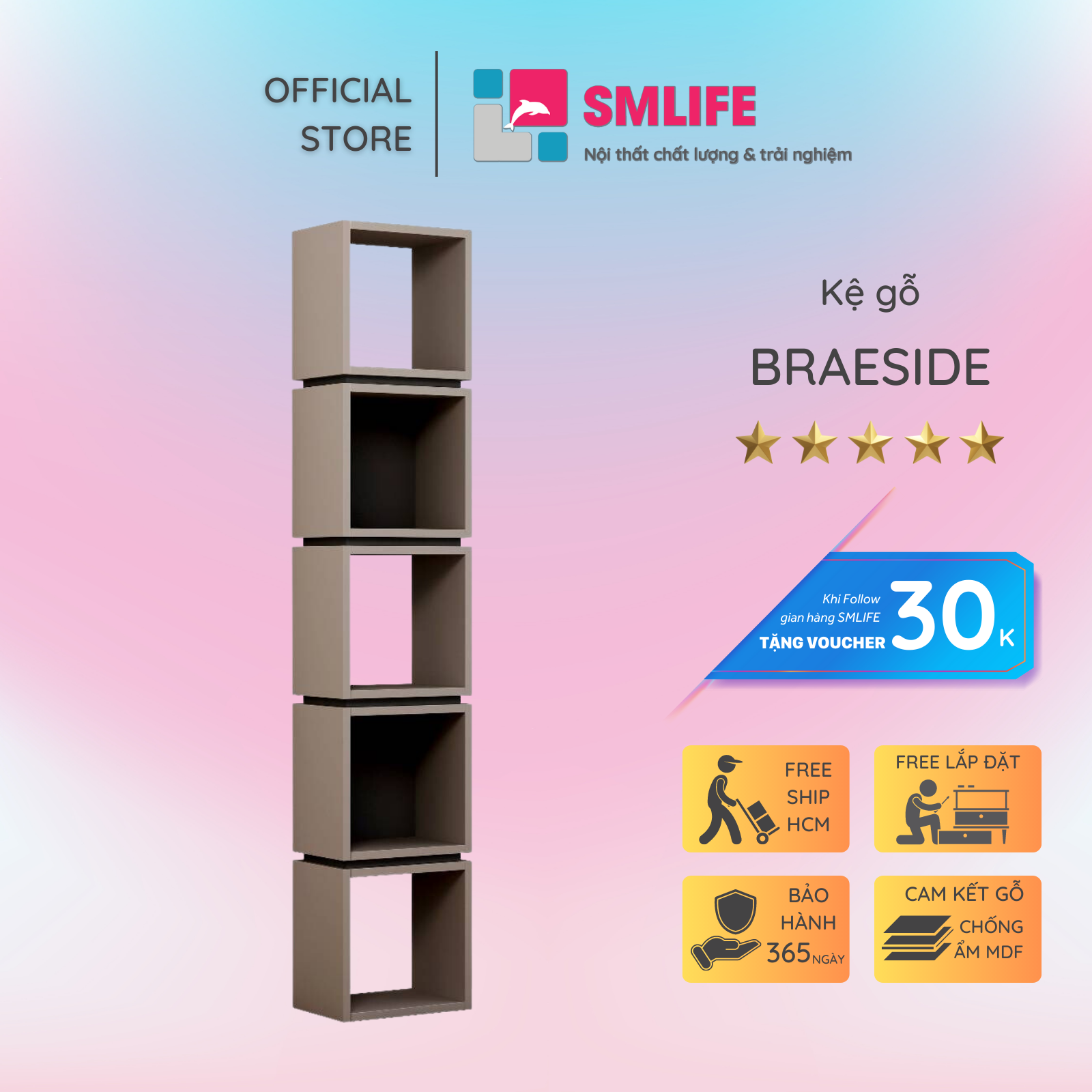 Kệ sách gỗ hiện đại SMLIFE Braeside  | Gỗ MDF dày 17mm chống ẩm | D32xR23xC170cm - Màu