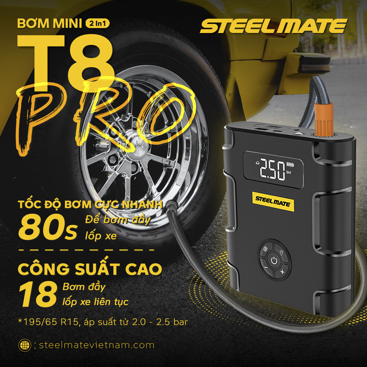 Bơm mini điện tử đa năng &amp; kích bình T8 PRO STEELMATE