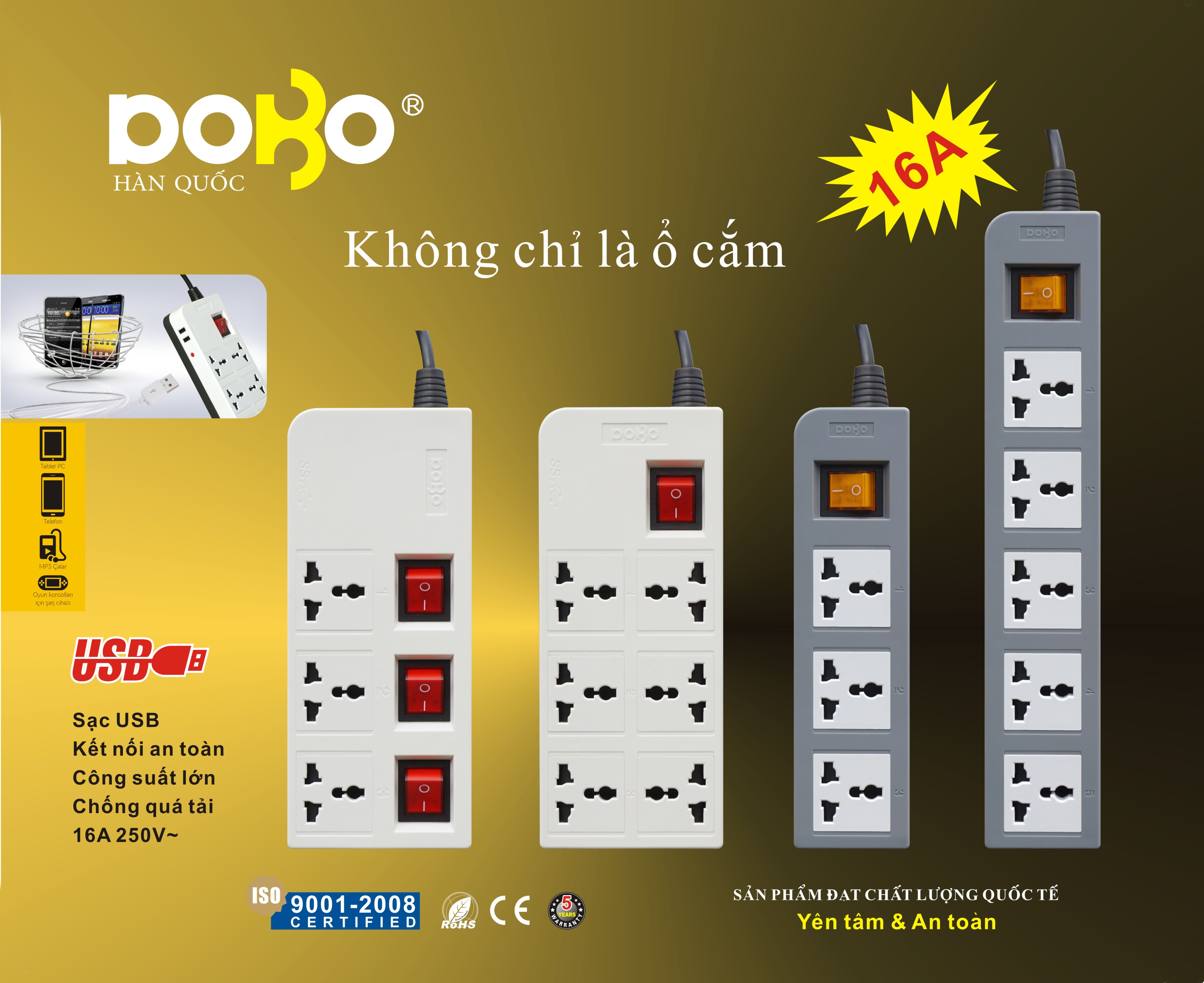 Ổ Cắm Dài 5 Ổ Cắm Dobo Electric Korea (16A - 3m) - Trắng