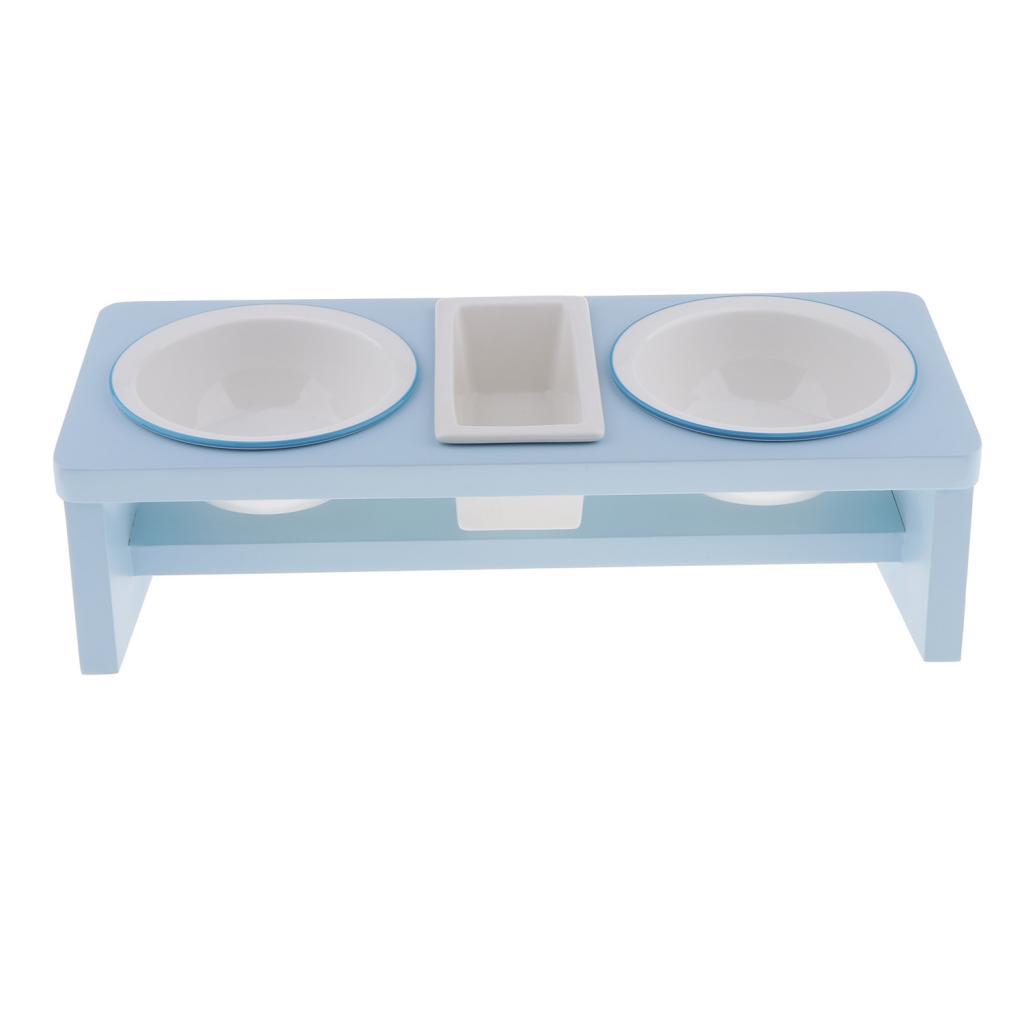 Pet Ceramic Food Water Feeding Bowl With Wooden Stand For Cat Dog Sky Blue