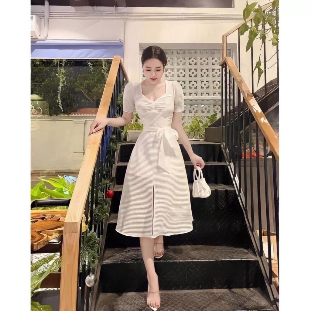 Đầm Nữ Cộc Tay Cổ Tim Nơ Lưng Vải Gấm Xốp 2 Lớp Xẻ Tà Tay Bồng