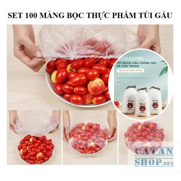 Set 100 màng bọc thực phẩm túi gấu Màng bọc thực phẩm PE có chun bọc đồ ăn co giãn tái sử dụng nhiều lần.