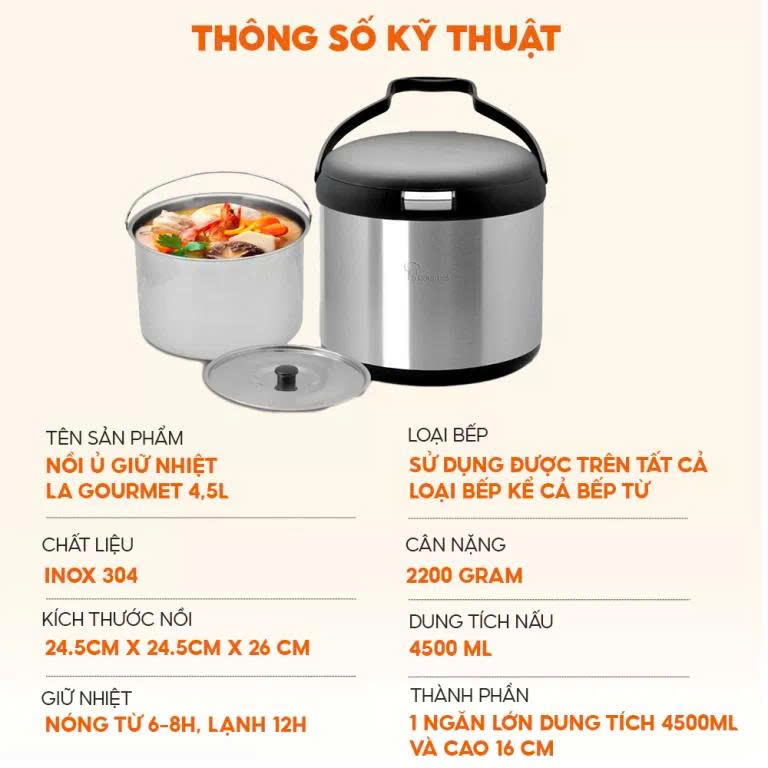 Nồi ủ giữ nhiệt La Gourmet 4.5L màu inox hàng chính hãng