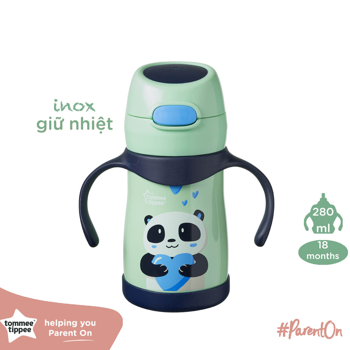 Bình uống nước Inox giữ nhiệt có ống hút và tay cầm cho bé Tommee Tippee 280ml từ 12 tháng