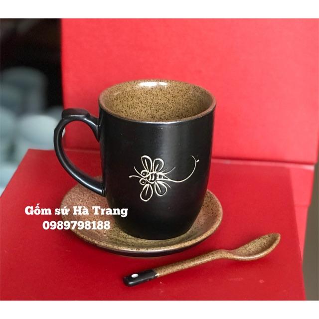 Set cốc đĩa Gốm sứ Bát Tràng cao cấp Khắc hoạ tiết chuồn sen