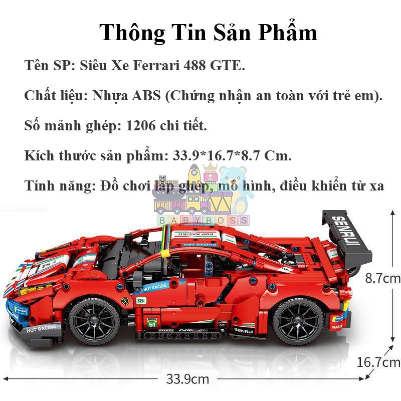 Đồ Chơi Mô Hình Siêu Xe Ferrari 488 GTE , Đồ Chơi Điều Khiển Từ Xa Siêu Xe Ferrari 488 GTE , Đồ Chơi Lắp Ghép Technic Siêu Xe Ferrari 488 GTE Với 1206 PSC