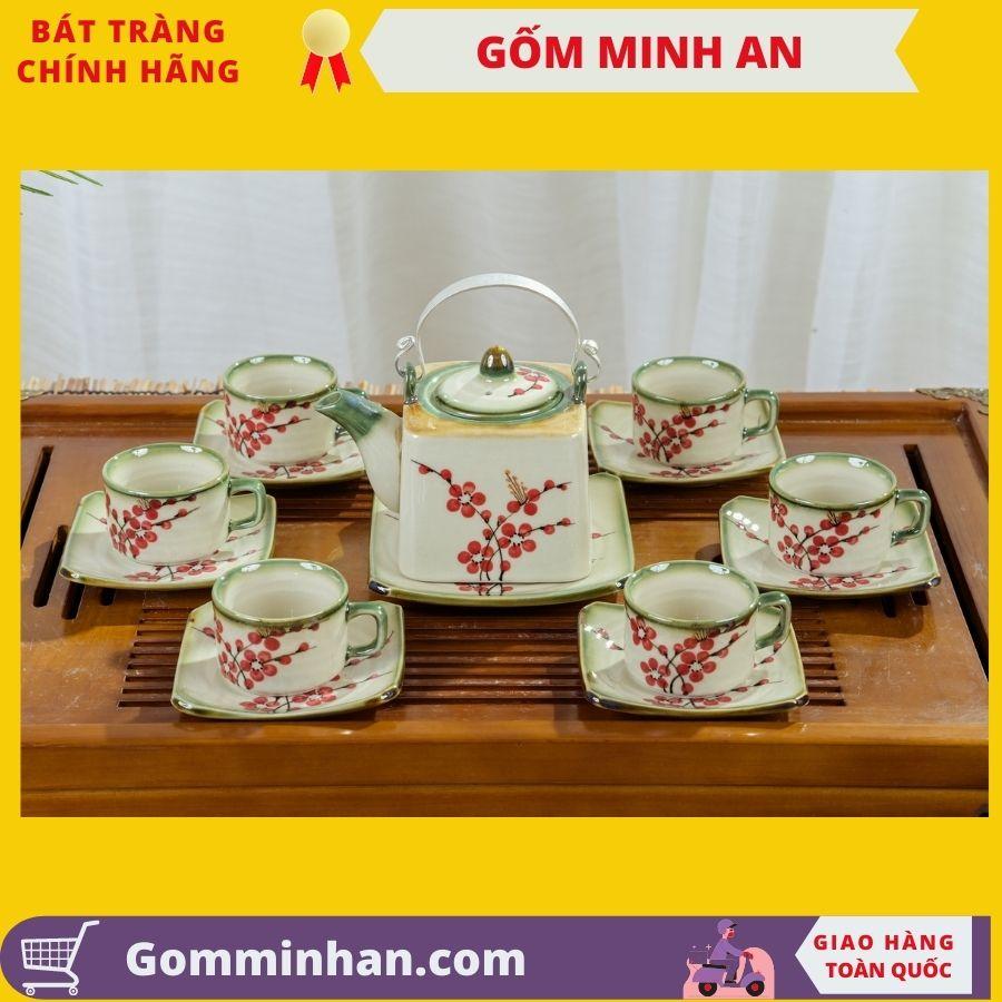 Bộ trà sứ Bộ ấm chén sứ bát tràng men tro cổ dáng ấm vuông gốm Minh An Bát Tràng dung tích 300ml