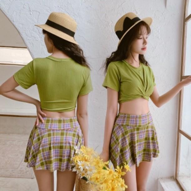 Đồ bơi áo tắm bikini 3 mảnh - Vàng 3 mảnh váy hoa,L ( 50-58kg)