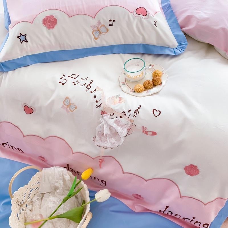 Bộ 4 món ga gối Lụa Satin cao cấp Hồng phối xanh