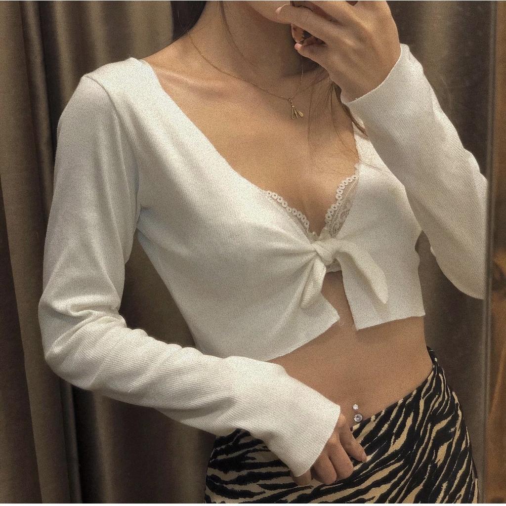Áo croptop ôm body cột nơ tay dài màu trắng trendy phong cách chất thun gân mềm mịn cut out cực sexy carrotxinhdep