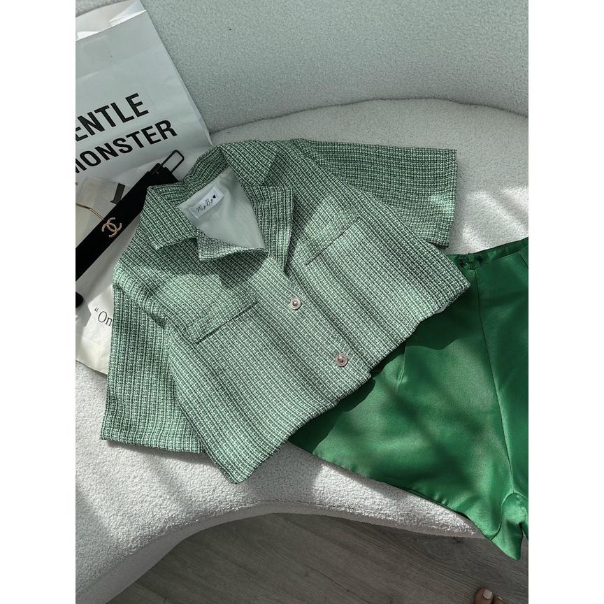 Set crop dạ caro cổ vest tay ngắn kèm quần đùi short xanh cá tính dự tiệc