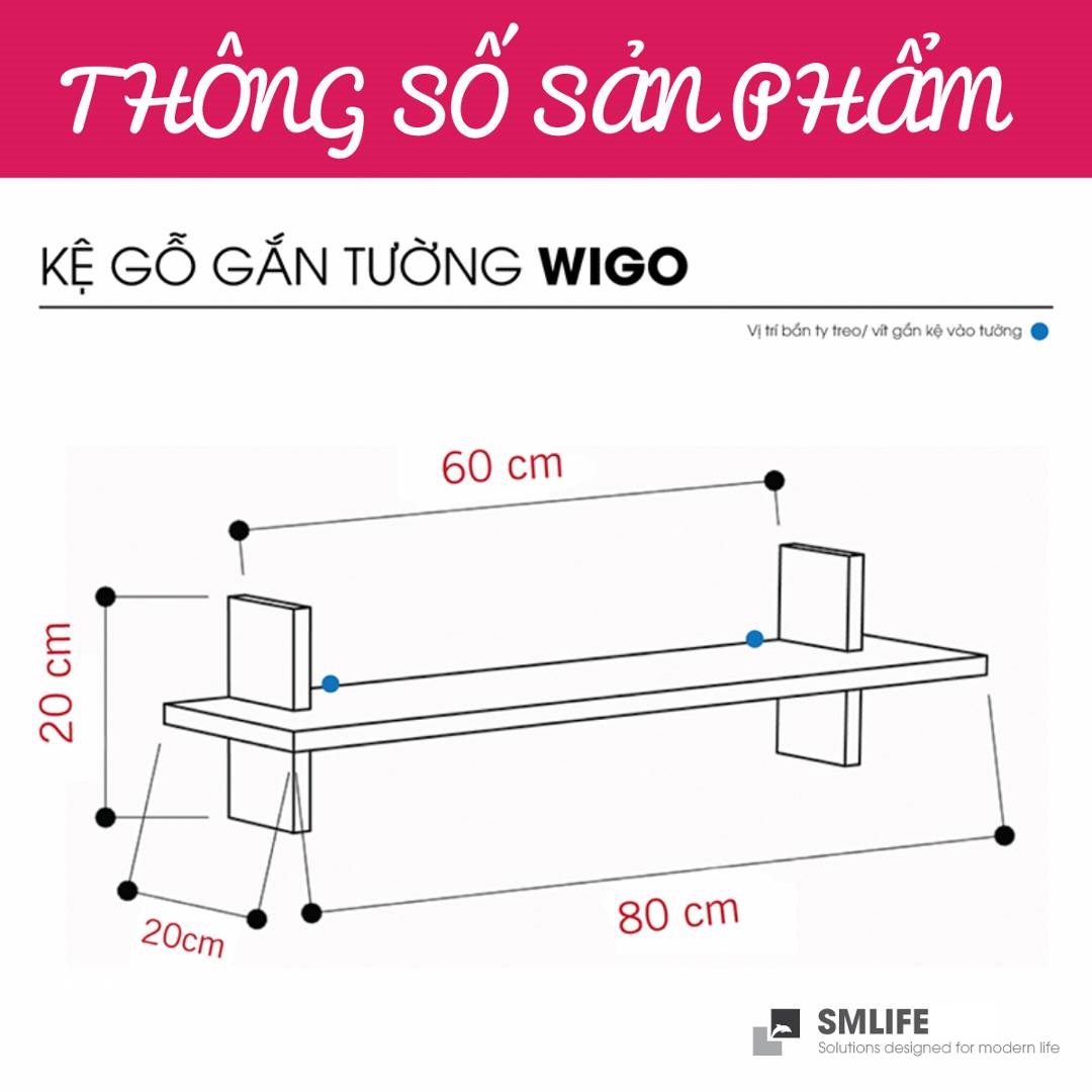 Kệ gỗ treo tường trang trí hiện đại SMLIFE Wigo  | Gỗ MDF dày 17mm chống ẩm | D80xR20xC20cm - Màu