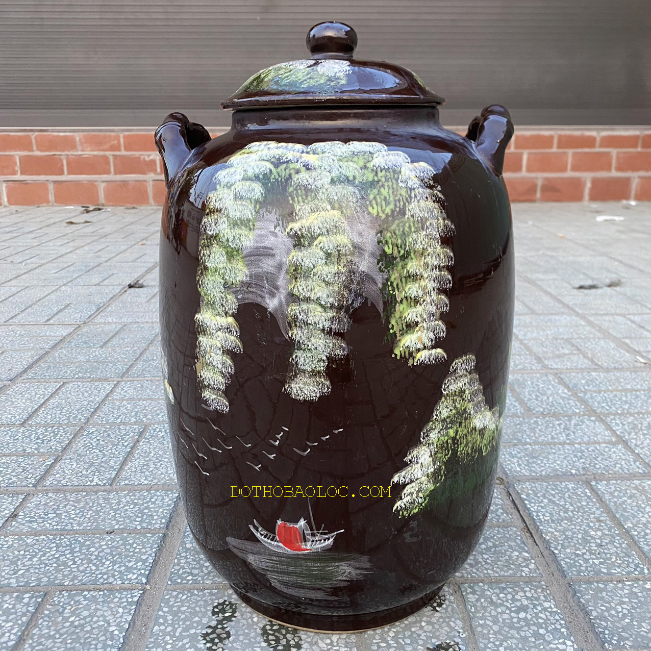 Bình ngâm ruou sứ Bát Tràng vẽ cảnh đồng quê - Không vòi 30 lít