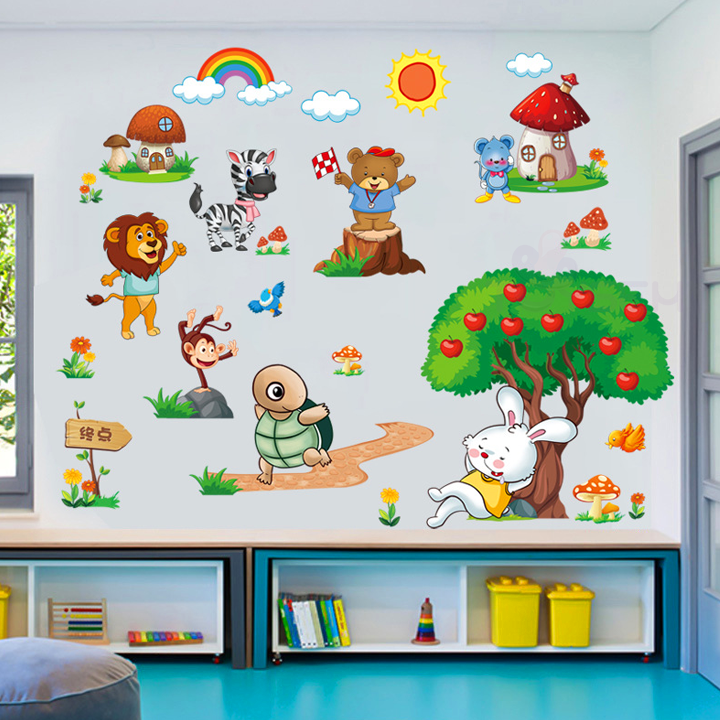 Decal trang trí dán tường hình thú thỏ và rùa cho bé - Giấy dán tường trang trí phòng cho bé - Decal trang trí nhà cửa 