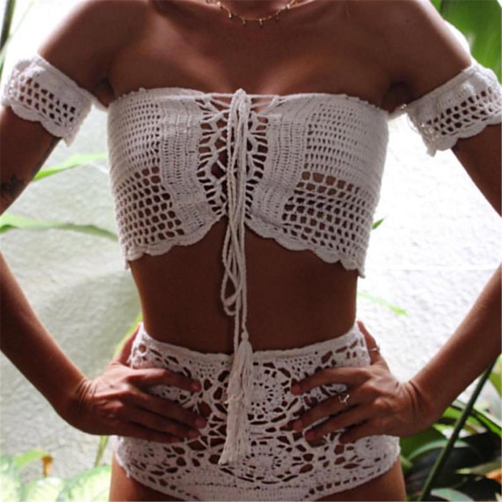 Women Lady Bohemian Two Piece Crochet High Waisted Swimwear Bikini Set White Lace Knit Swimsuit Bathing Suit