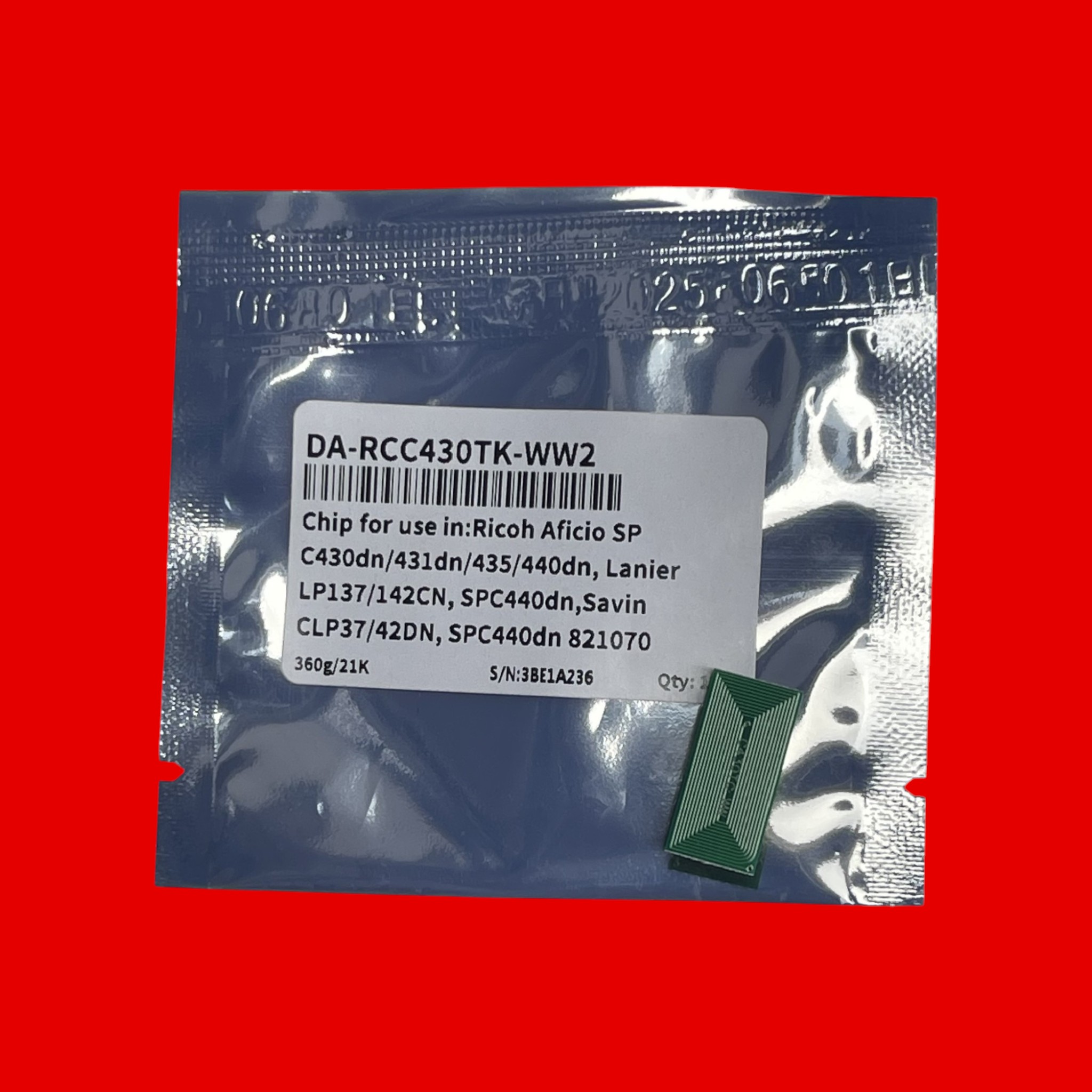 Chíp dùng cho hộp mực Ricoh SP C430/ 431/ 440/ Savin CLP37/ CLP42 •Công dụng: Dùng cho hộp mực máy in Laser lầu mầu Ricoh Aficio SP C430/ 431/ 440/ Savin CLP37/ CLP42 (Black/ Cyan/ Magenta/ Yellow ( Bộ 4 mầu hoặc mua lẻ mầu ) - Hàng nhập khẩu