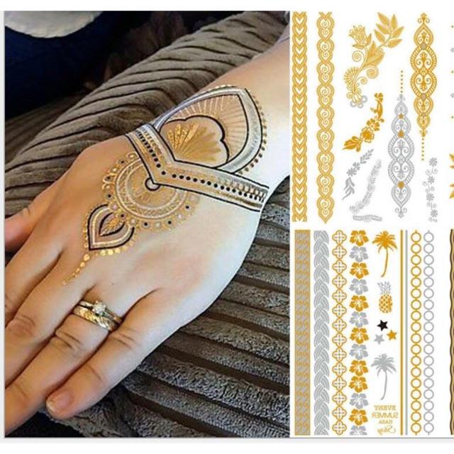 Hình xăm dán ánh kim hoa văn maori sắc vàng gold rực rỡ 15x21cm- mua 3 tấm giảm giá và tặng 10x20cm