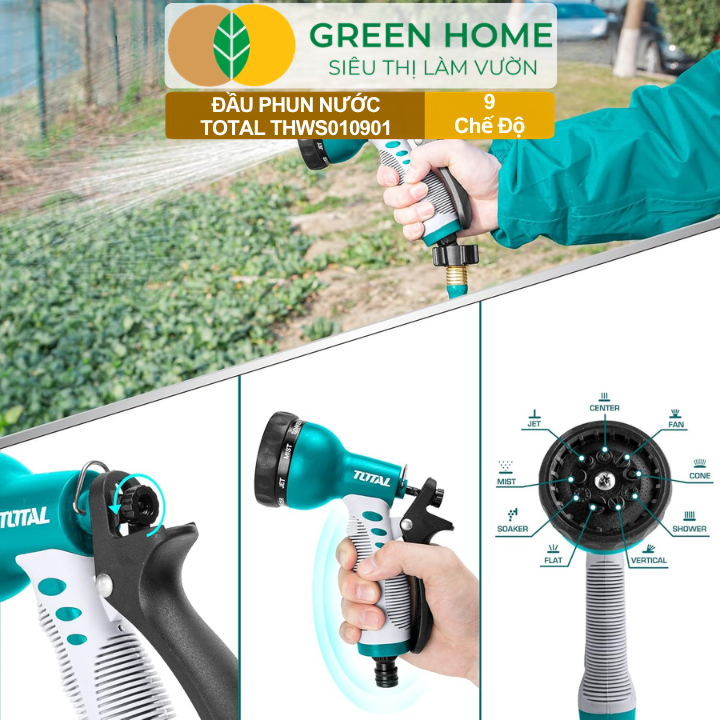 Đầu Phun Nước Total THWS010901 GreenHome, 9 Chế Độ Phun Linh Hoạt,Chất Liệu ABS, Tay Cầm Chống Trượt