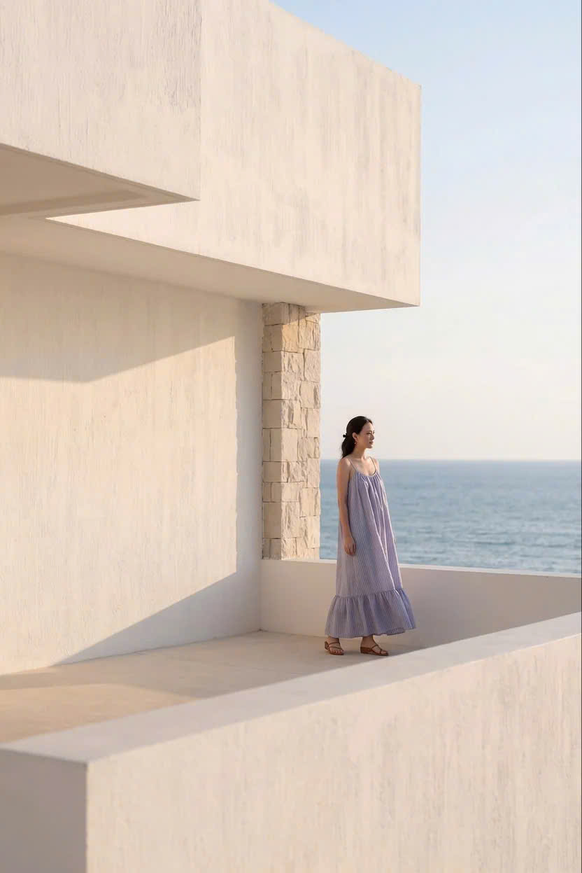 Đầm Maxi Hở Lưng Cotton Sọc Xanh Biển Vân Hy Dre217 Thời trang Hity