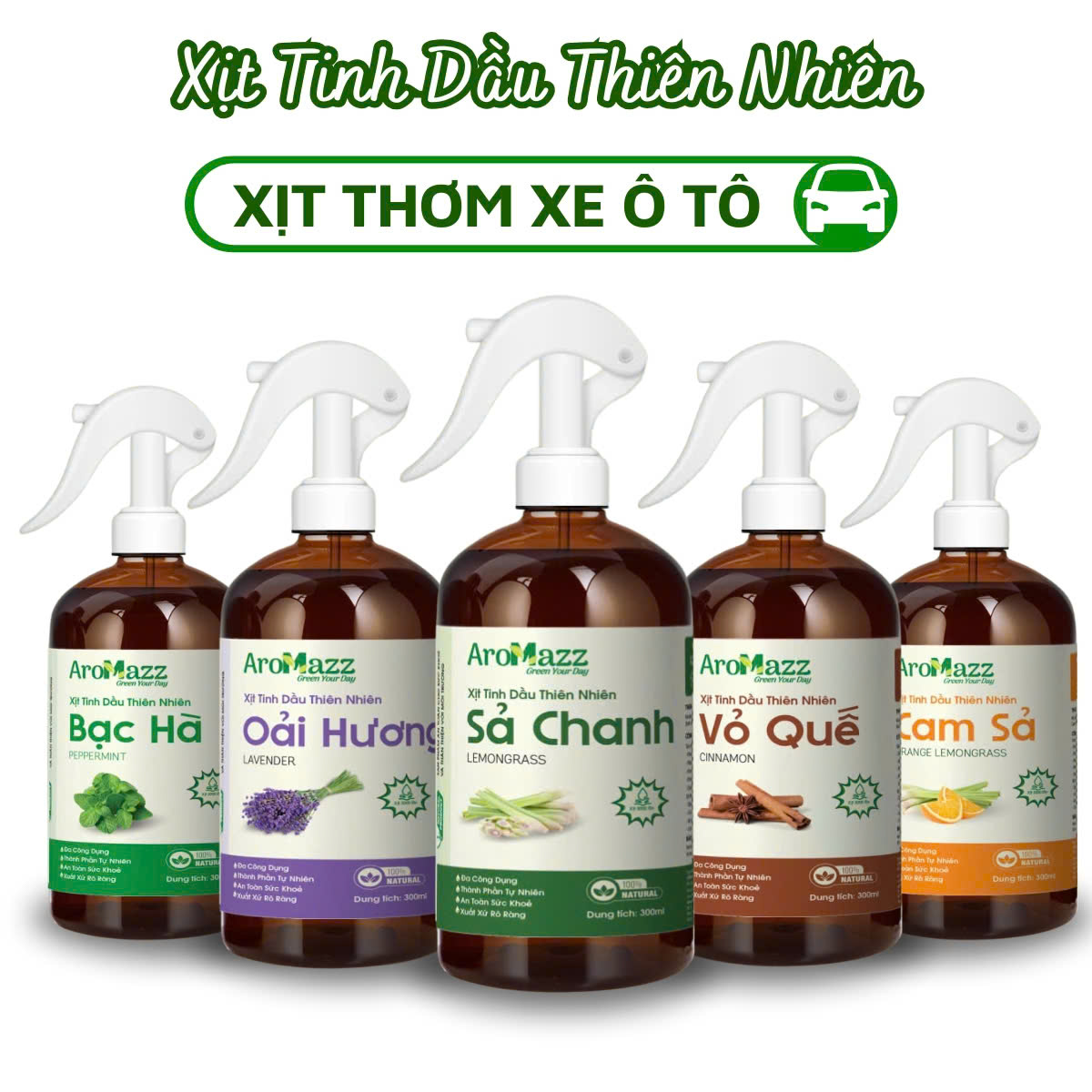 Xịt Tinh Dầu Khử Mùi ô tô Từ Tinh Dầu Thiên Nhiên Khử Mùi Thơm Xe Xua Đuổi Côn Trùng Nhiều Mùi Chai Lớn 300ml