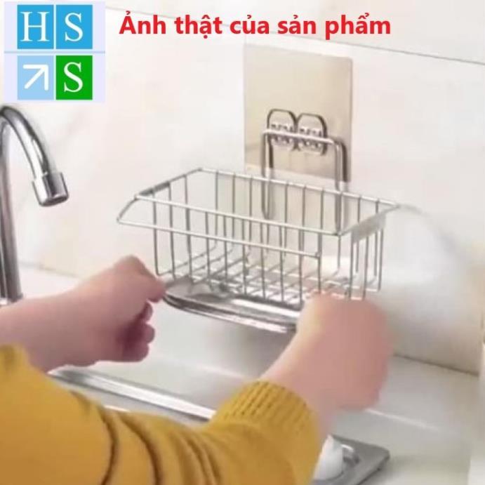 Giá đựng đồ rửa chén Inox 304 kệ để giẻ rửa bát có khay hứng nước giỏ dán gắn tường tiện dụng - HS Shop