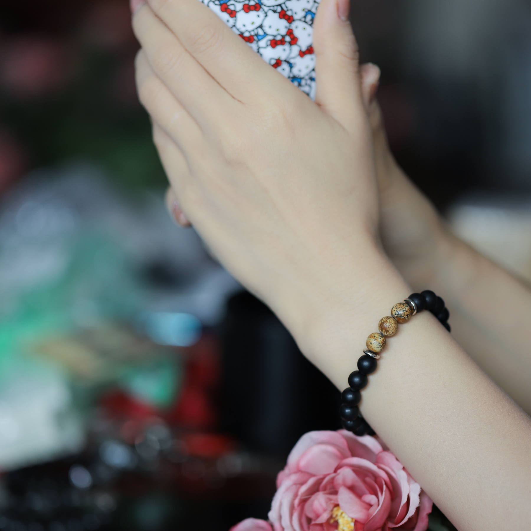 Vòng tay nữ đá Obsidian 8 ly + 6Picture Obsidian