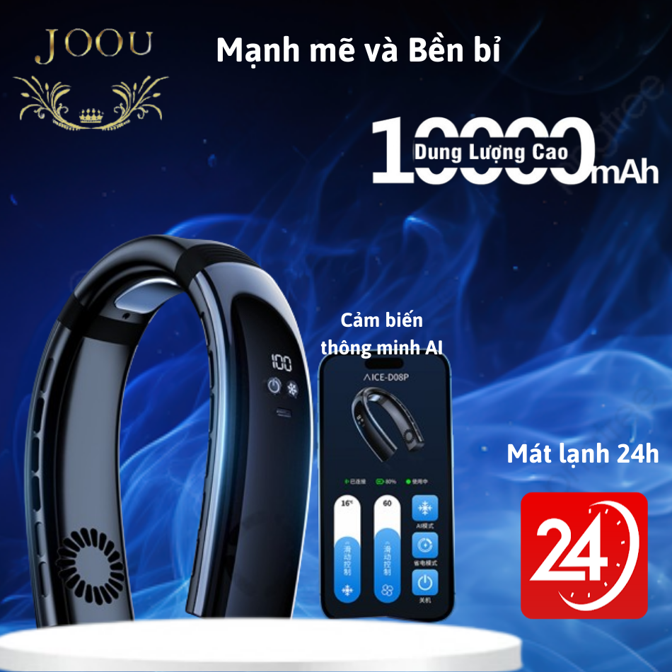 Quạt Đeo Cổ JOOU D08 10,000mAh, Làm mát lên đến 12 giờ, Công Nghệ Thông Minh Cảm Biến AI (Hàng chính hãng)