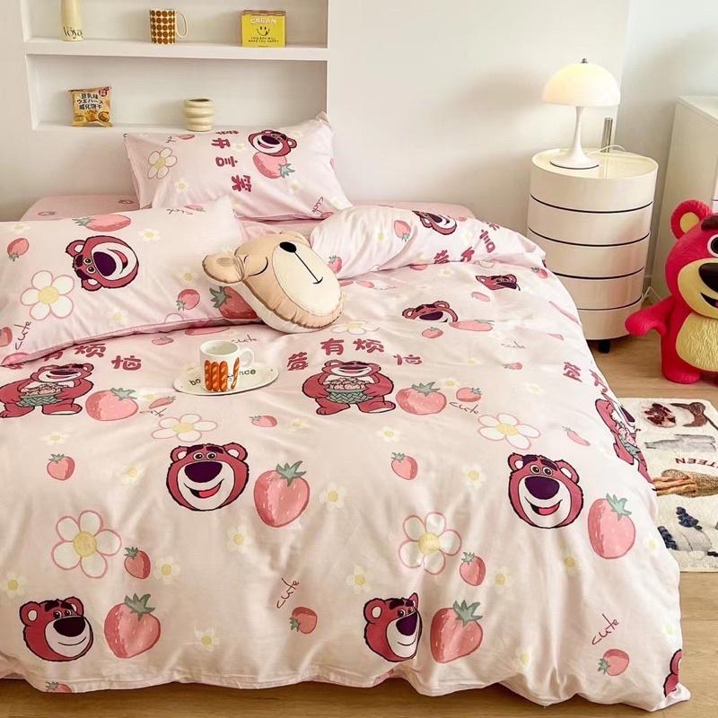 Set Cotton Living Hàng Nhập Khẩu Cao Cấp 4 Món Gấu Hồng