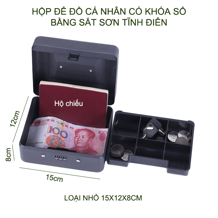 Hộp để đồ cá nhân có khóa số, bằng sắt sơn tĩnh điện, dùng để tiền, đồ trang sức, đồ cá nhân, loại nhỏ 15x12x8cm