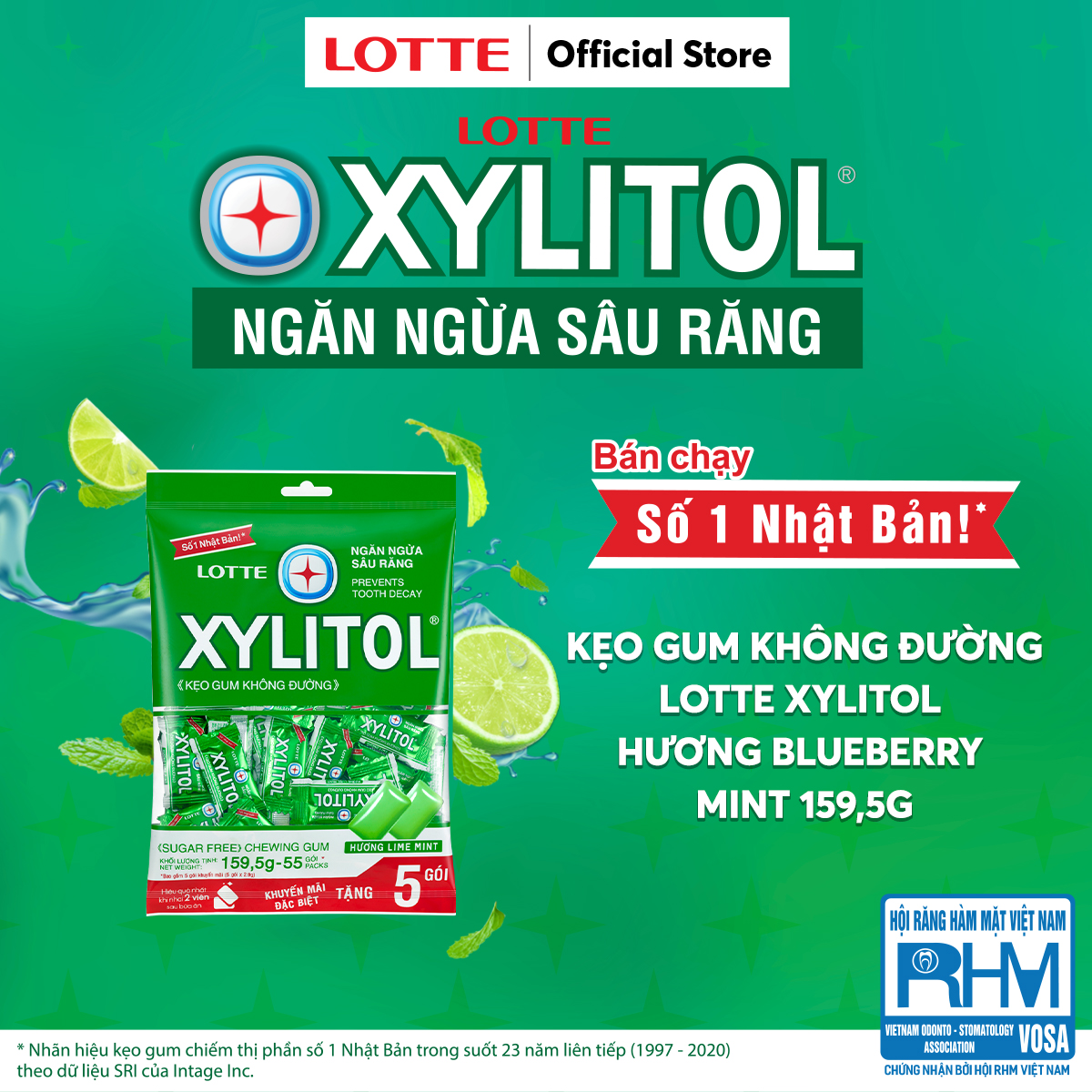 Kẹo Gum không đường Lotte Xylitol - Hương Lime Mint 159,5 g