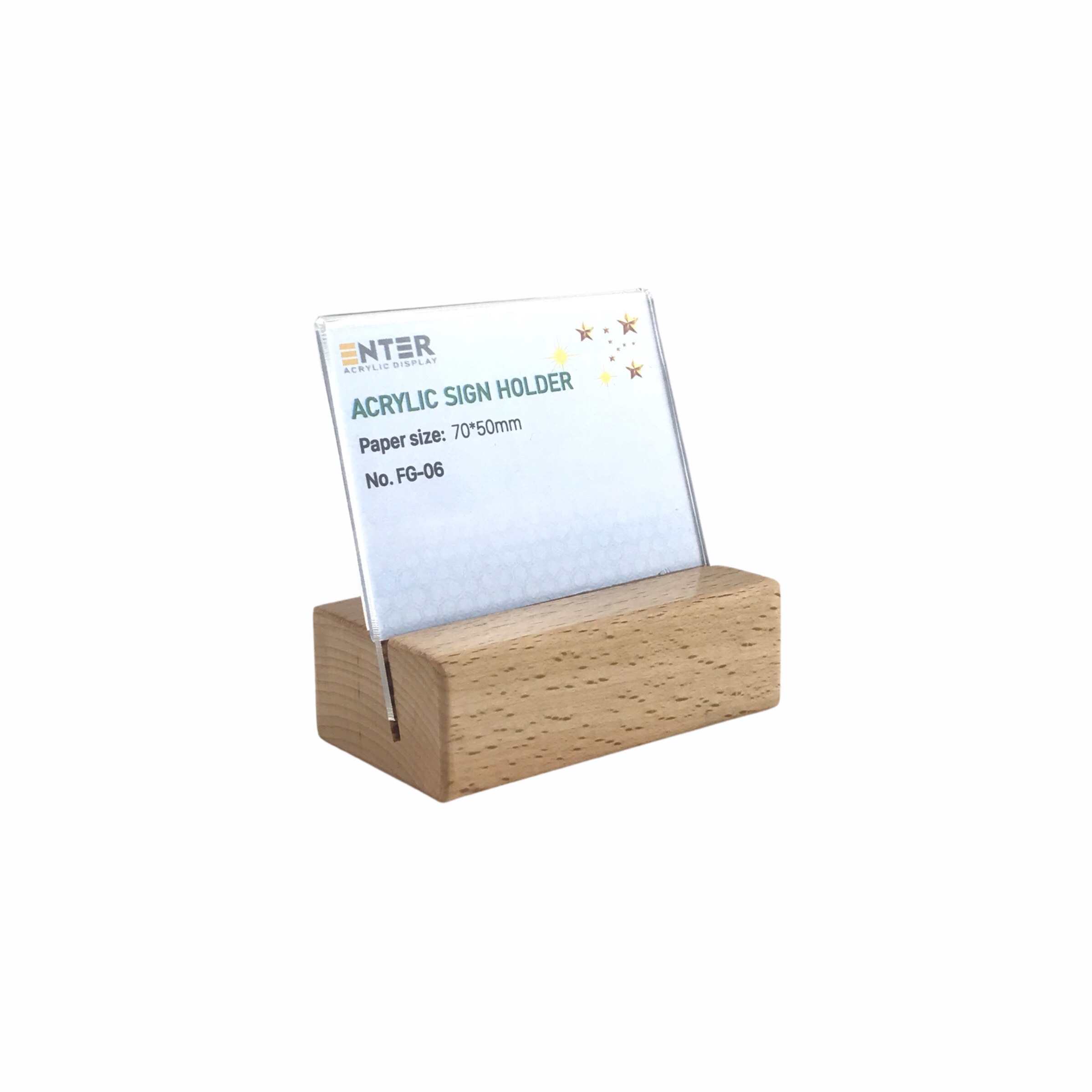 Kệ mica 1 mặt đế gỗ Enter FG-06 70x50mm, Kệ thông tin sản phẩm, Standee mica để bàn, Bảng quét mã QR Code