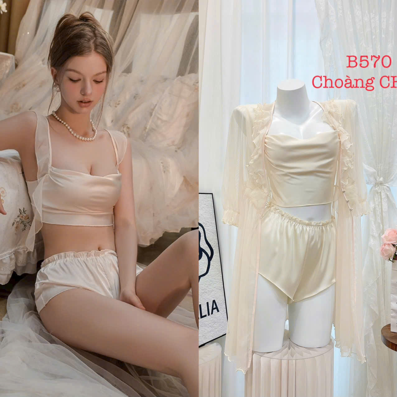 Bộ đồ ngủ B590 lụa cao cấp hai dây hở ngực quần xẻ cao gợi cảm