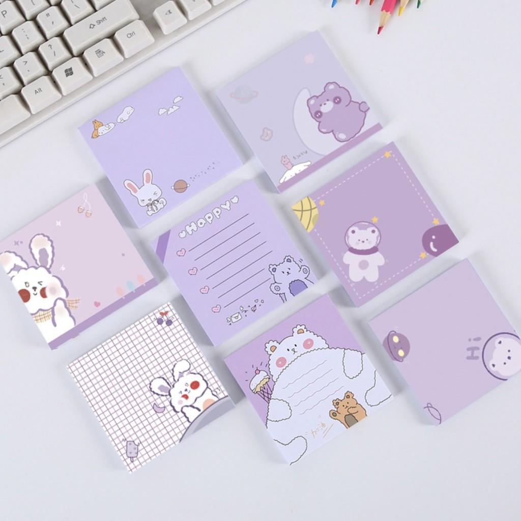 Set 50 Tờ Giấy Note, Giấy Ghi Chú Tone Tím Pastel Hoạ Tiết Gấu Thỏ Dễ Thương ST354