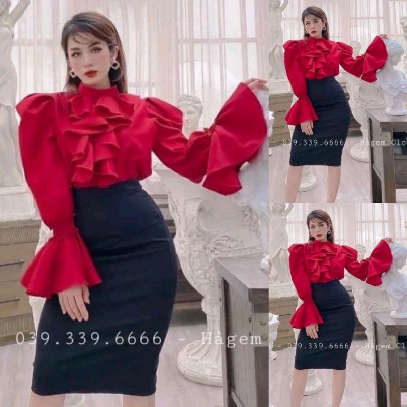 Sét áo tay dài ống loe cổ bèo phối chân váy ôm HÀNG THIẾT KẾ