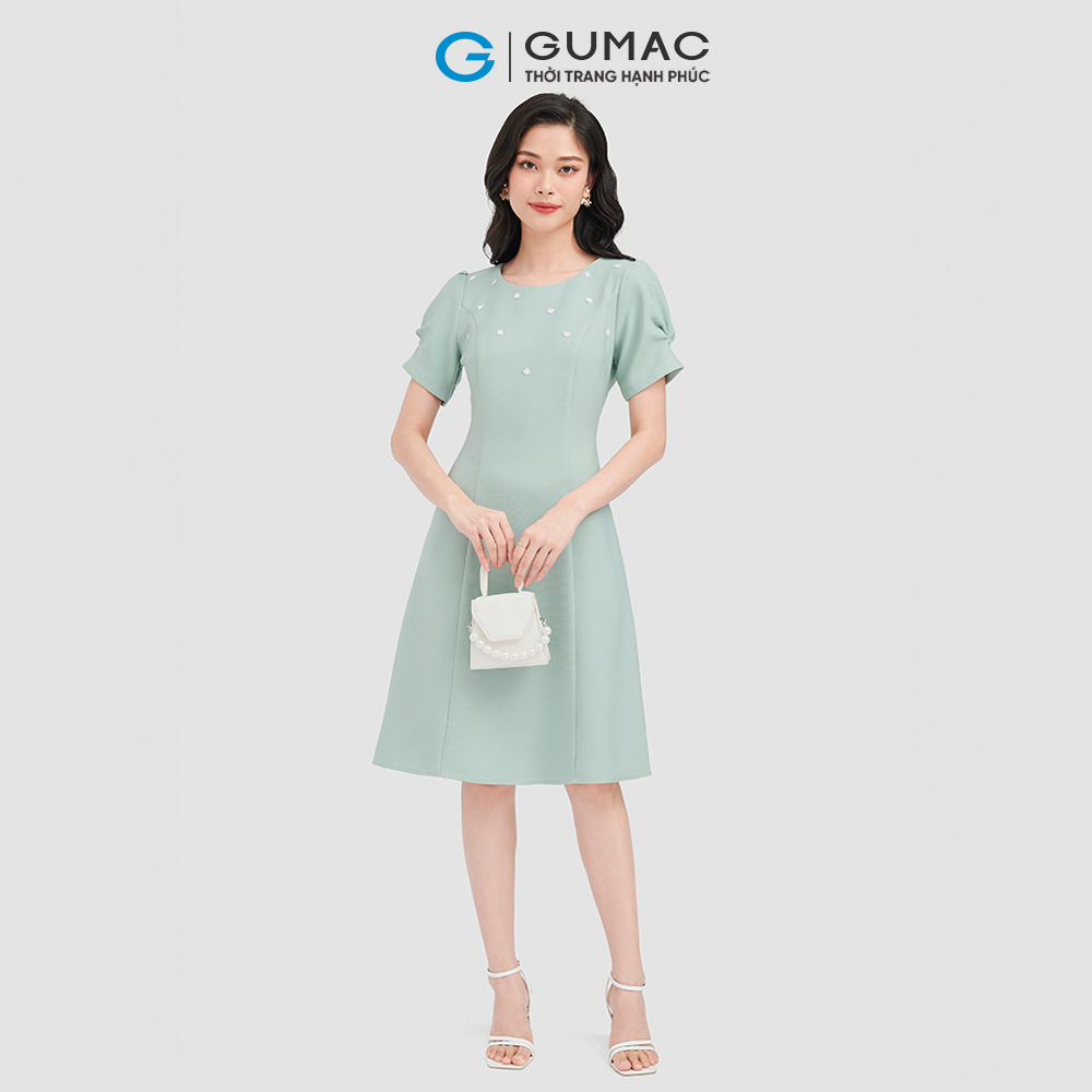Đầm form A GUMAC DC08030 đầm cổ tròn đính hoa thêu