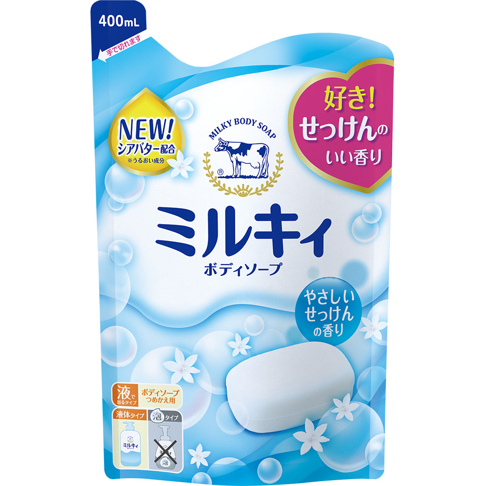 Sữa Tắm Dưỡng Trắng Mịn Da Hương Hoa Cow Milky Body Soap Pump Chiết Xuất Sữa Bò Tươi Refil 400mL (Combo 400mL Và Set 24ml)