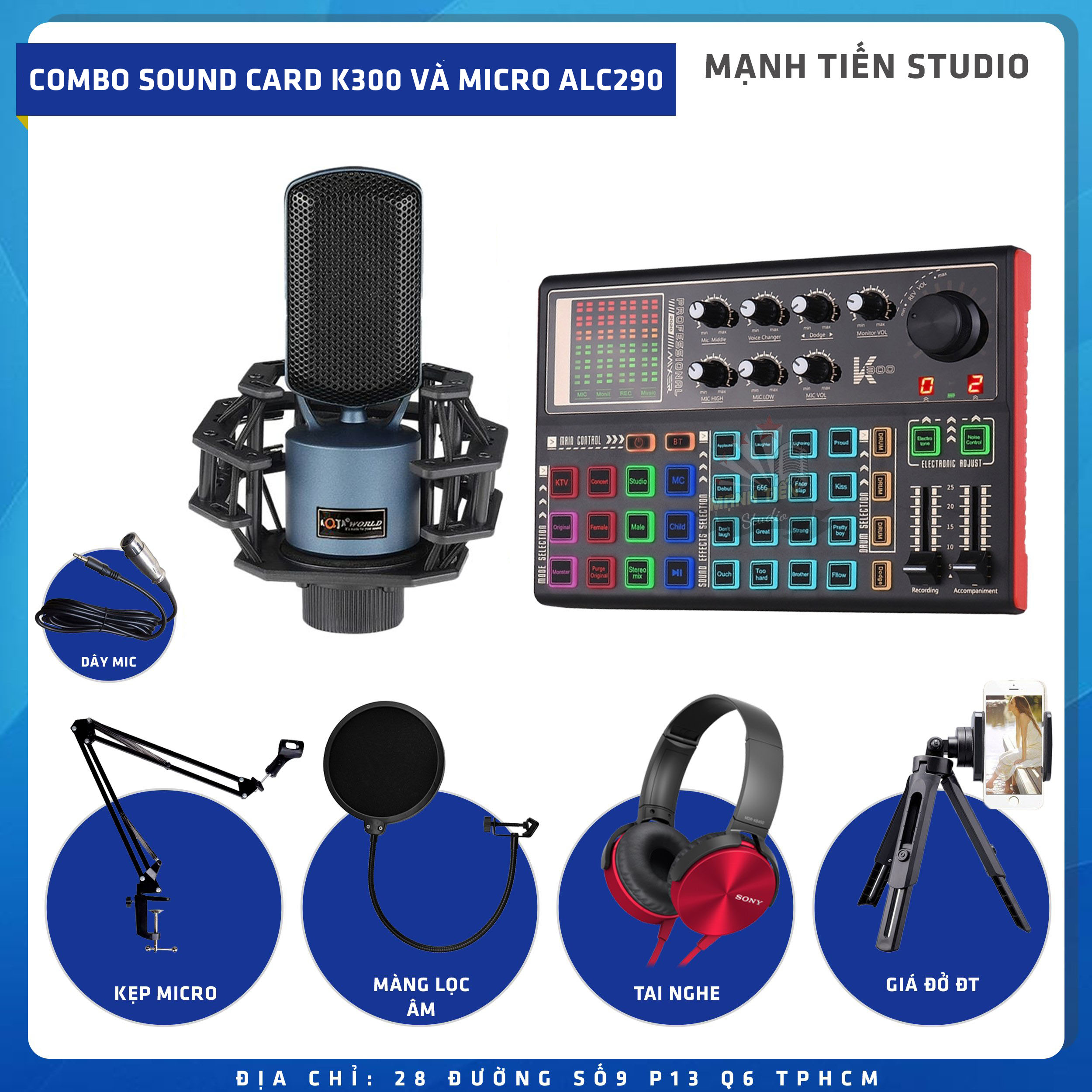 Combo thu âm, livestream Micro AQTA ALC290, Sound card K300 - Kèm full phụ kiện kẹp micro, màng lọc, tai nghe, giá đỡ ĐT - Hỗ trợ thu âm, karaoke online chuyên nghiệp - Hàng nhập khẩu