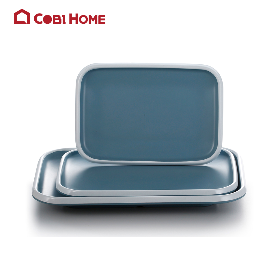 Dĩa chữ nhật bằng melamine cao cấp màu xanh vân trắng - nhiều size