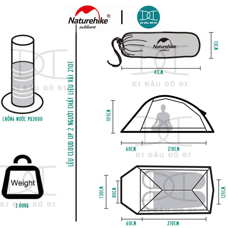 Lều cắm trại 2 người siêu nhẹ Naturehike Cloud up 2 chính hãng NH17T001-T