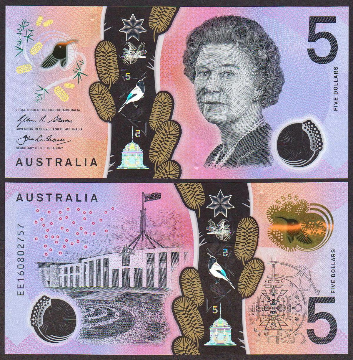 Tiền polymer sưu tầm 5 dollars Australia nữ hoàng Elizabeth II