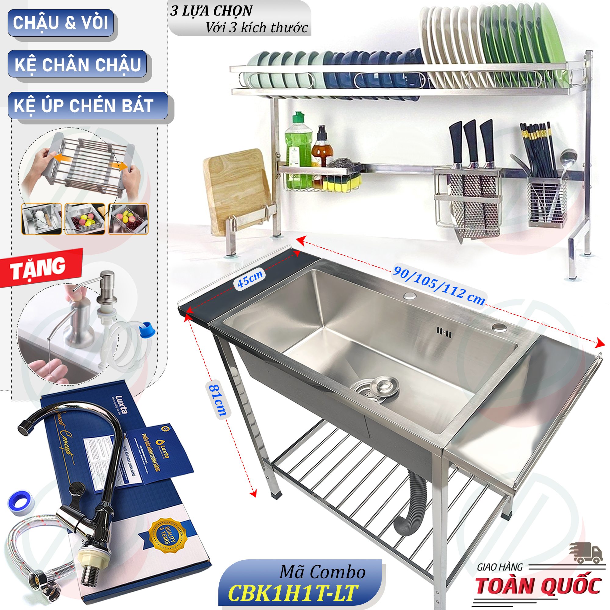 COMBO Chậu Rửa Bát Có Chân Kèm Kệ Úp Chén Đa Năng - Gồm chậu 1 hộc đơn nhiều kích thước, kệ chén 1 tầng, vòi lạnh Luxta và phụ kiện