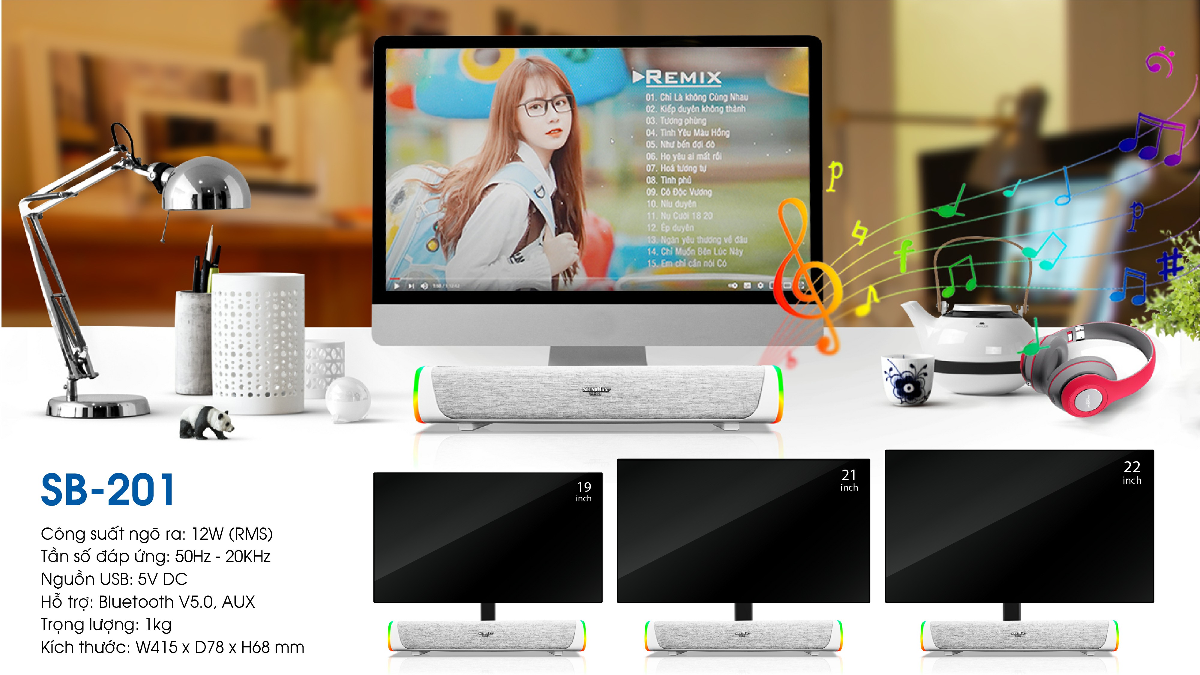 Loa Soundbar SoundMax SB201 LED RGB. Bluetooth 5.0- Hàng chính hãng