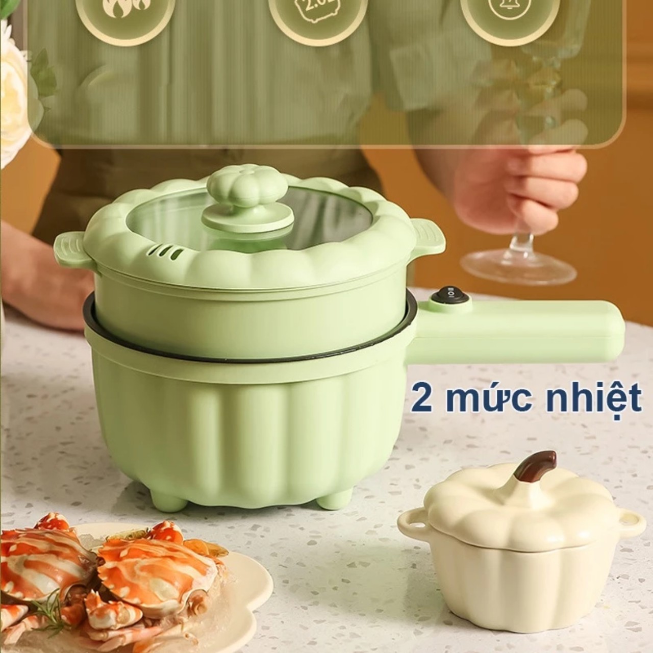 Nồi Điện Mini 2 Đa Chức Năng Kèm Lồng Hấp, Ca Mỳ Tay Cầm Nồi Bí Ngô 2 Tầng Nấu Cơm, Chiên, Xào, Rán Tiện Lợi - Hàng Chính Hãng MINIIN