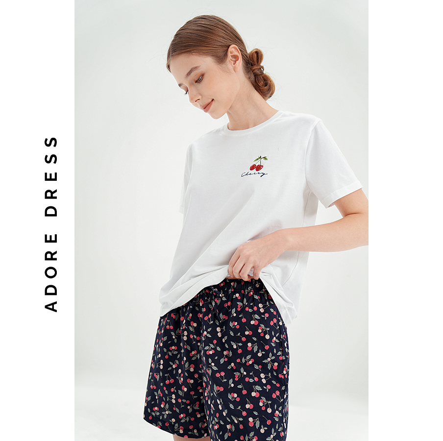 Set mặc nhà  home áo phông quần short thô trắng thêu ngực  311HO4005 ADORE DRESS
