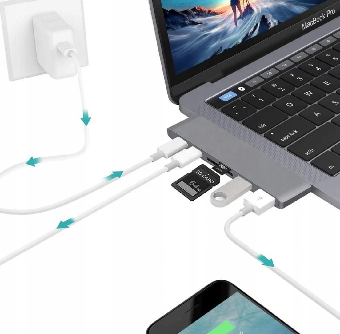 Hub usb type-c thunderbolt 3 ra 7 cổng HDMI 4k 60hz, USB, TF, SD, Sạc và Type-c cho Macbook M1 2020, 2019, 2018