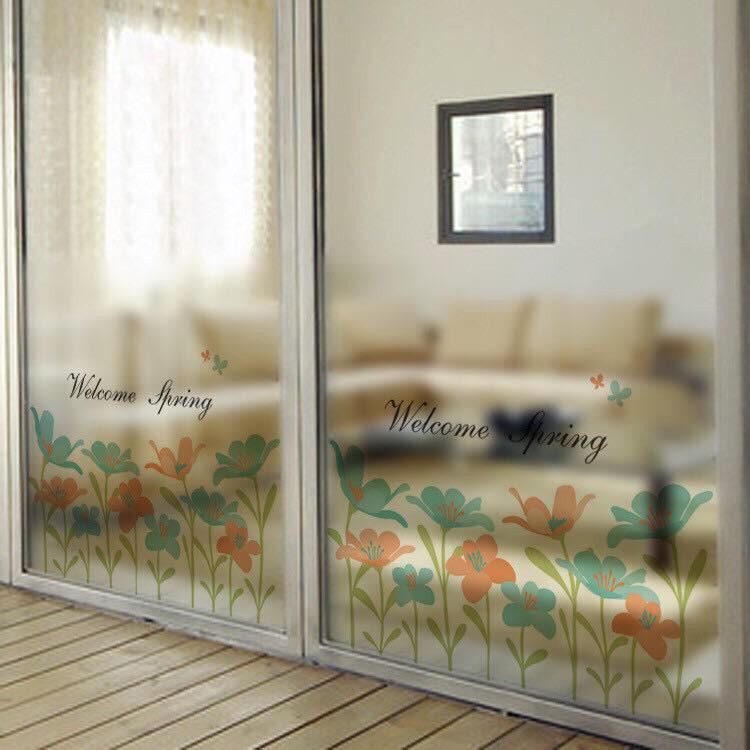 Decal trang trí kính cao cấp mẫu hoa xanh cam
