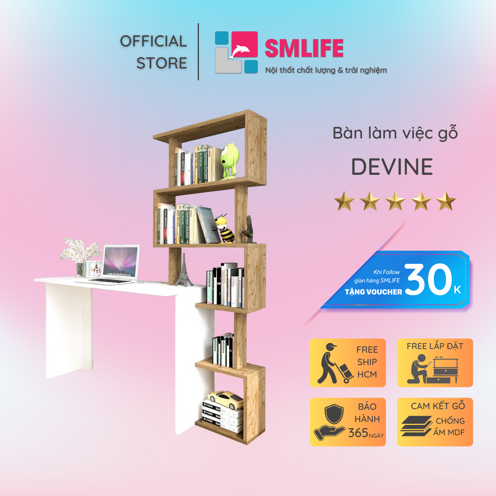 Bàn làm việc tại nhà có kệ sách SMLIFE Devine
