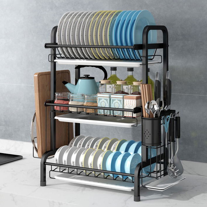 Kệ chén bát đĩa 2 - 3 tầng INOX 304 cao cấp sơn đen tĩnh điện kèm khay ráo nước, giá kệ úp bát khô ráo trên bàn bếp gọn gàng, sạch sẽ, kệ đa năng tiết kiệm không gian - Hàng cao cấp