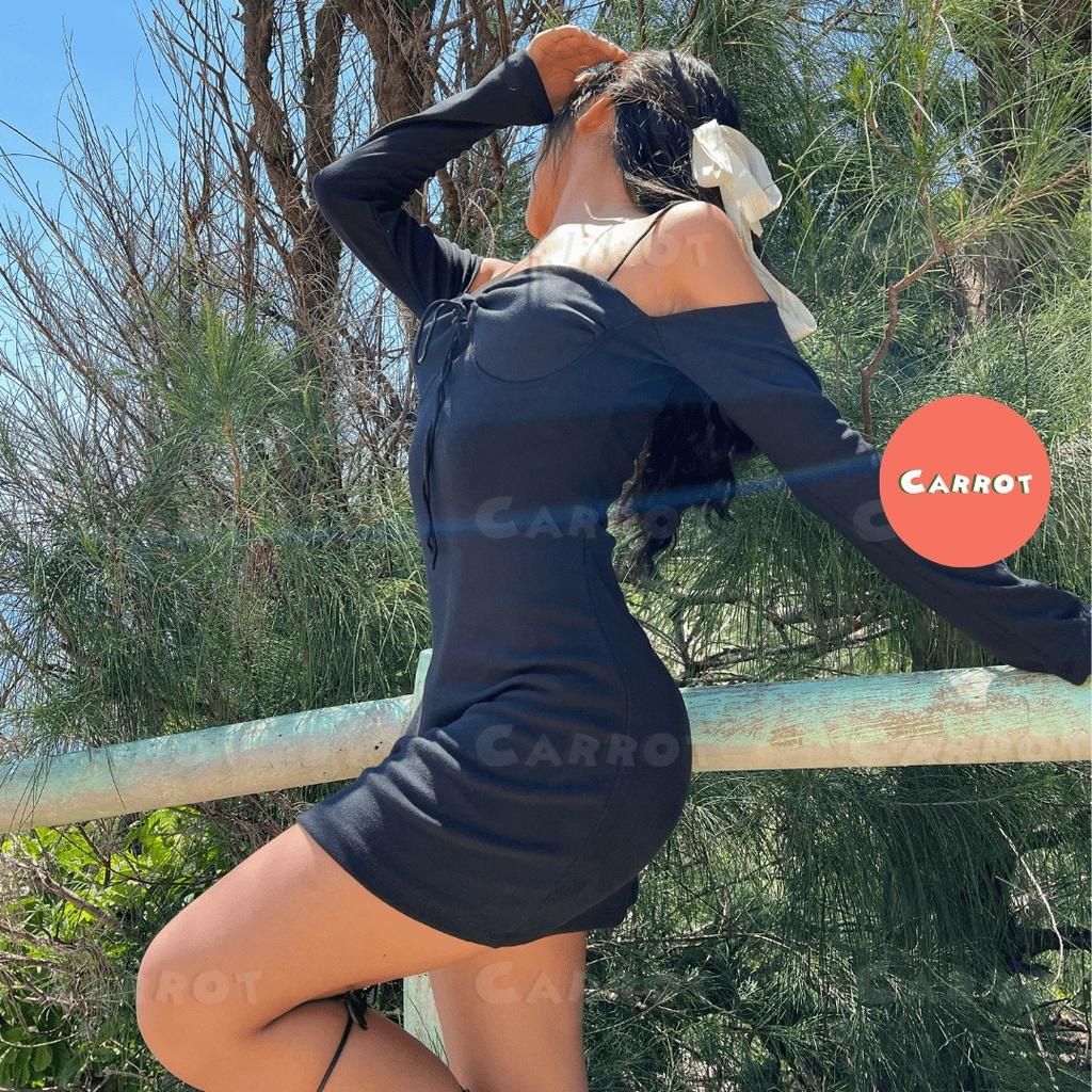 Đầm ôm body thiết kế 2 dây tay dài khoét ngực sexy đi chơi đi du lịch carrotxinhdep chất co giãn thun cao cấp