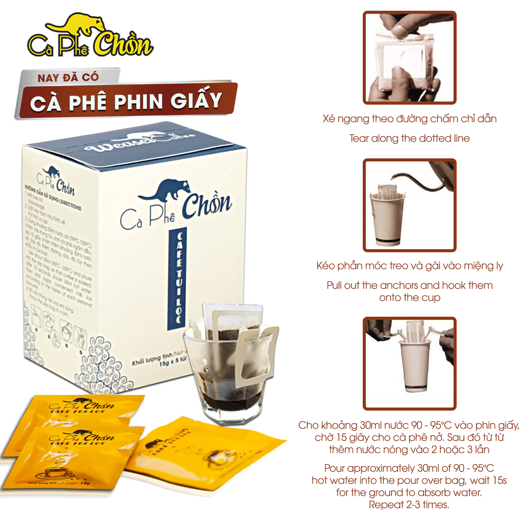 Cà Phê Chồn phin giấy Cocoa Indochine (Hộp 5 Gói x 15g)